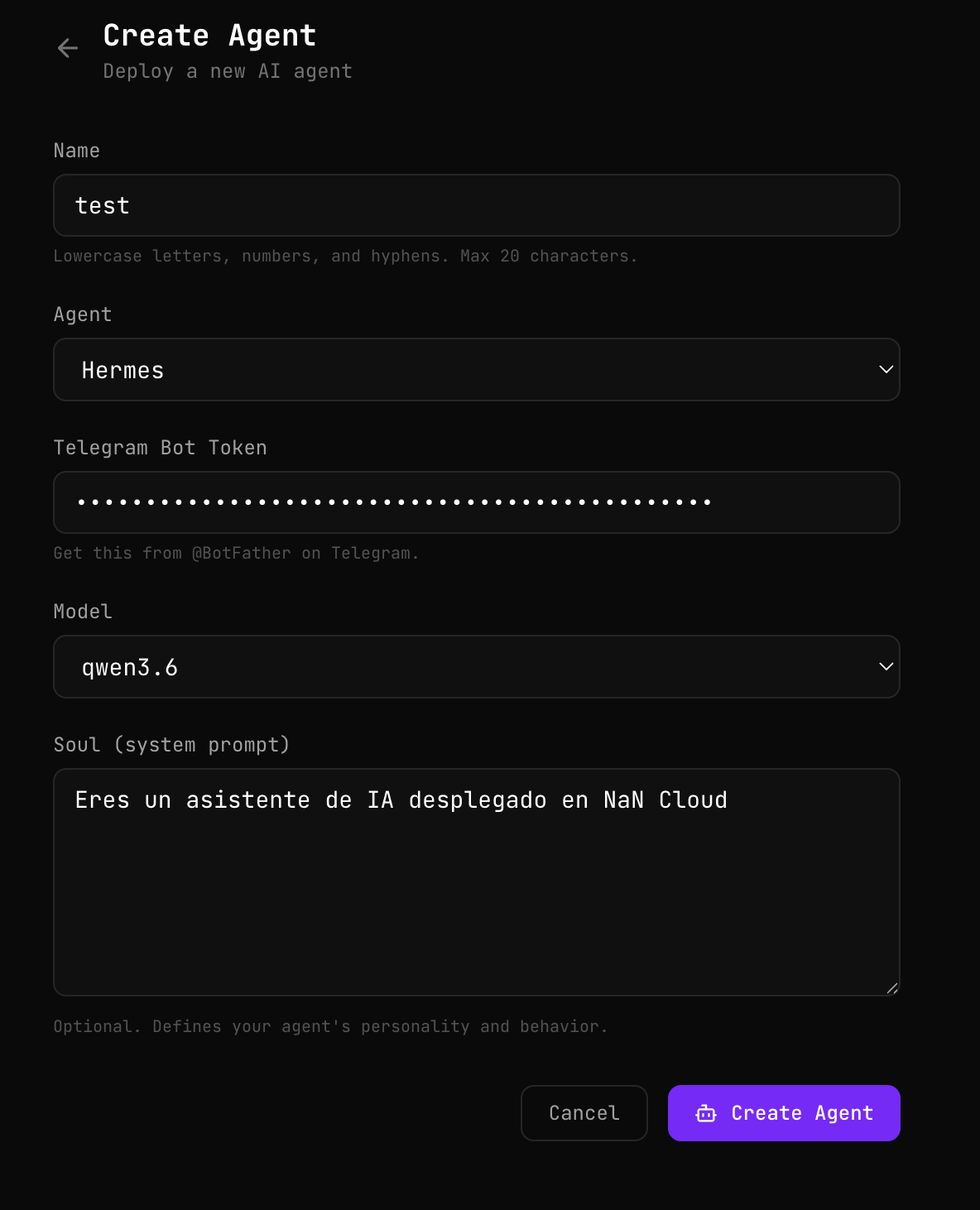 Agent creation form