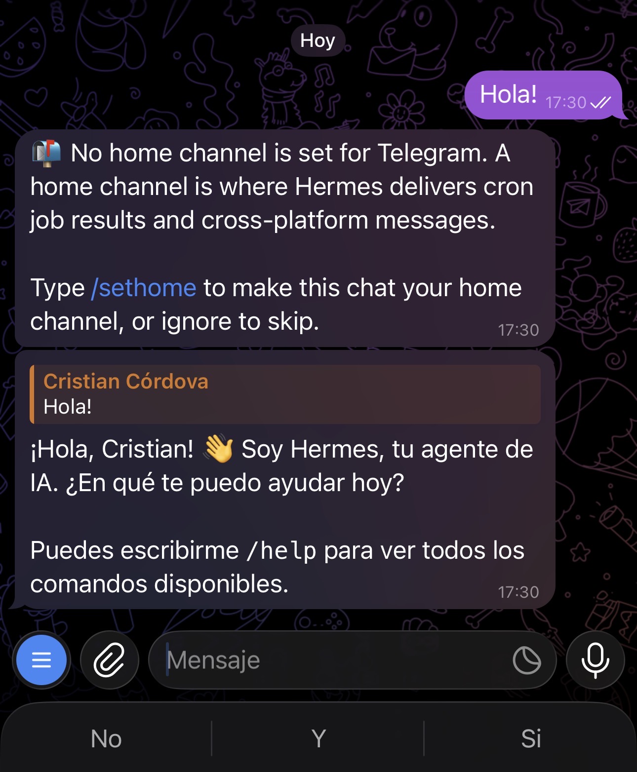 Hermes conversation on Telegram