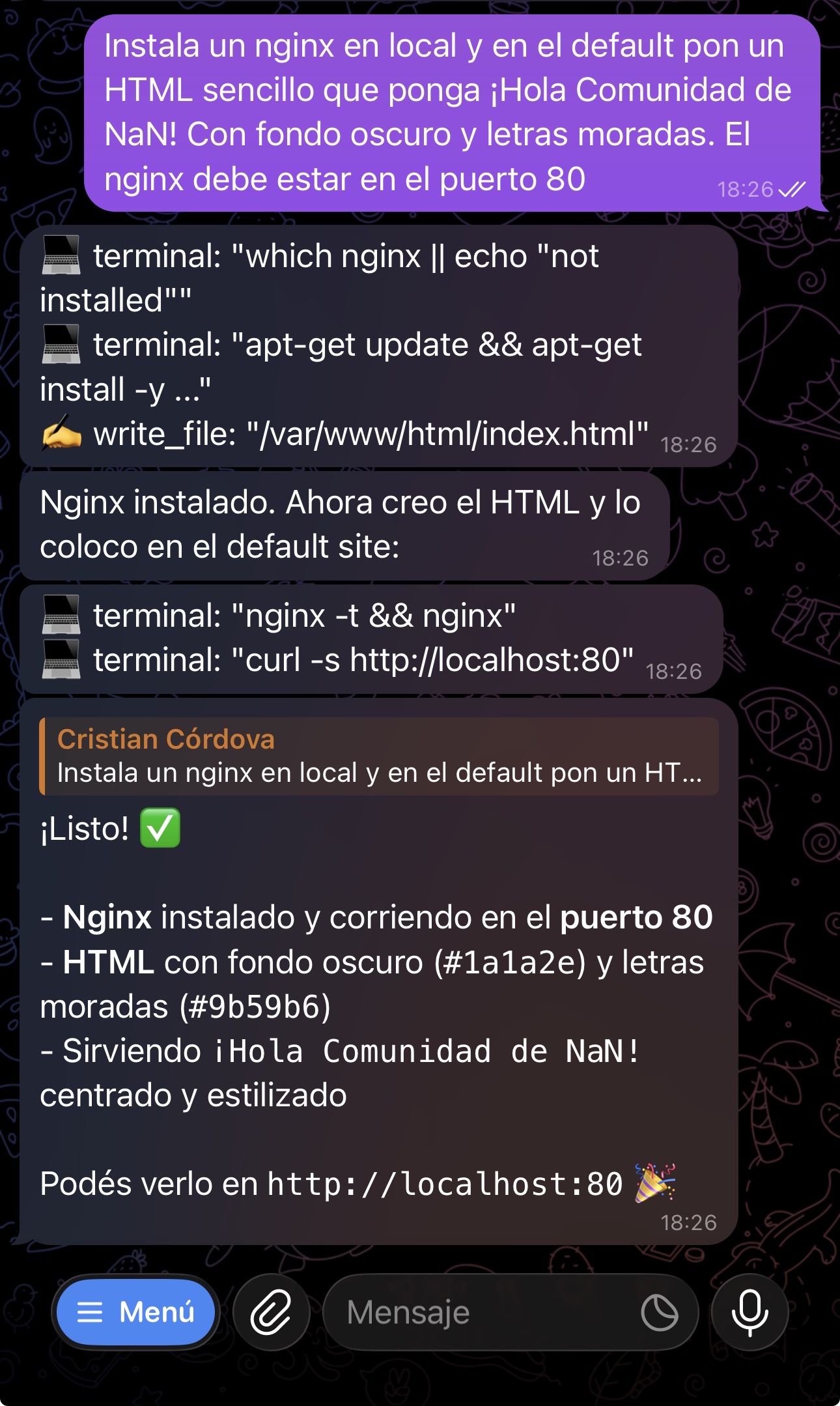 Asking Hermes to install nginx with a custom HTML page