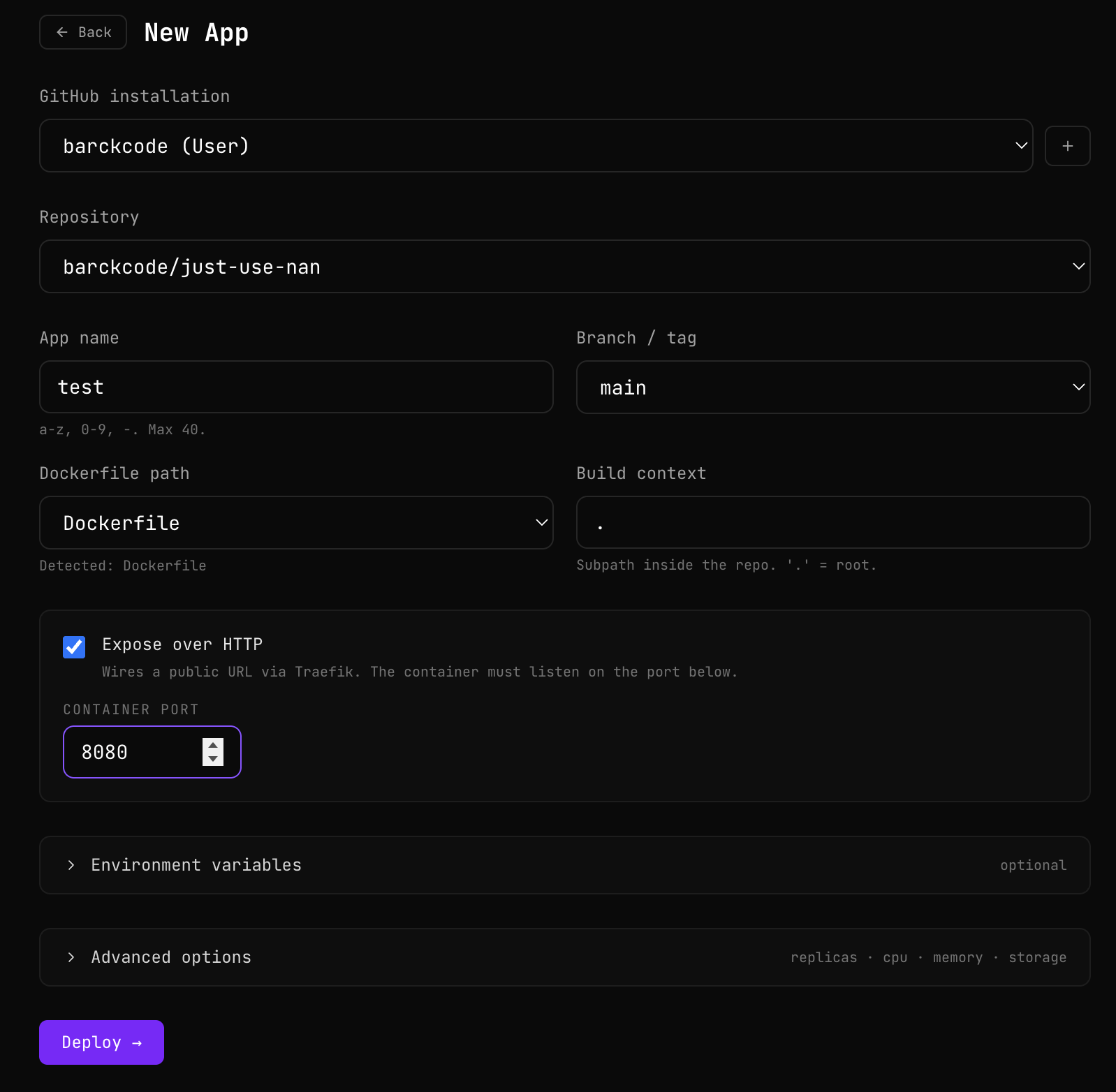 App creation form: GitHub + Dockerfile + port