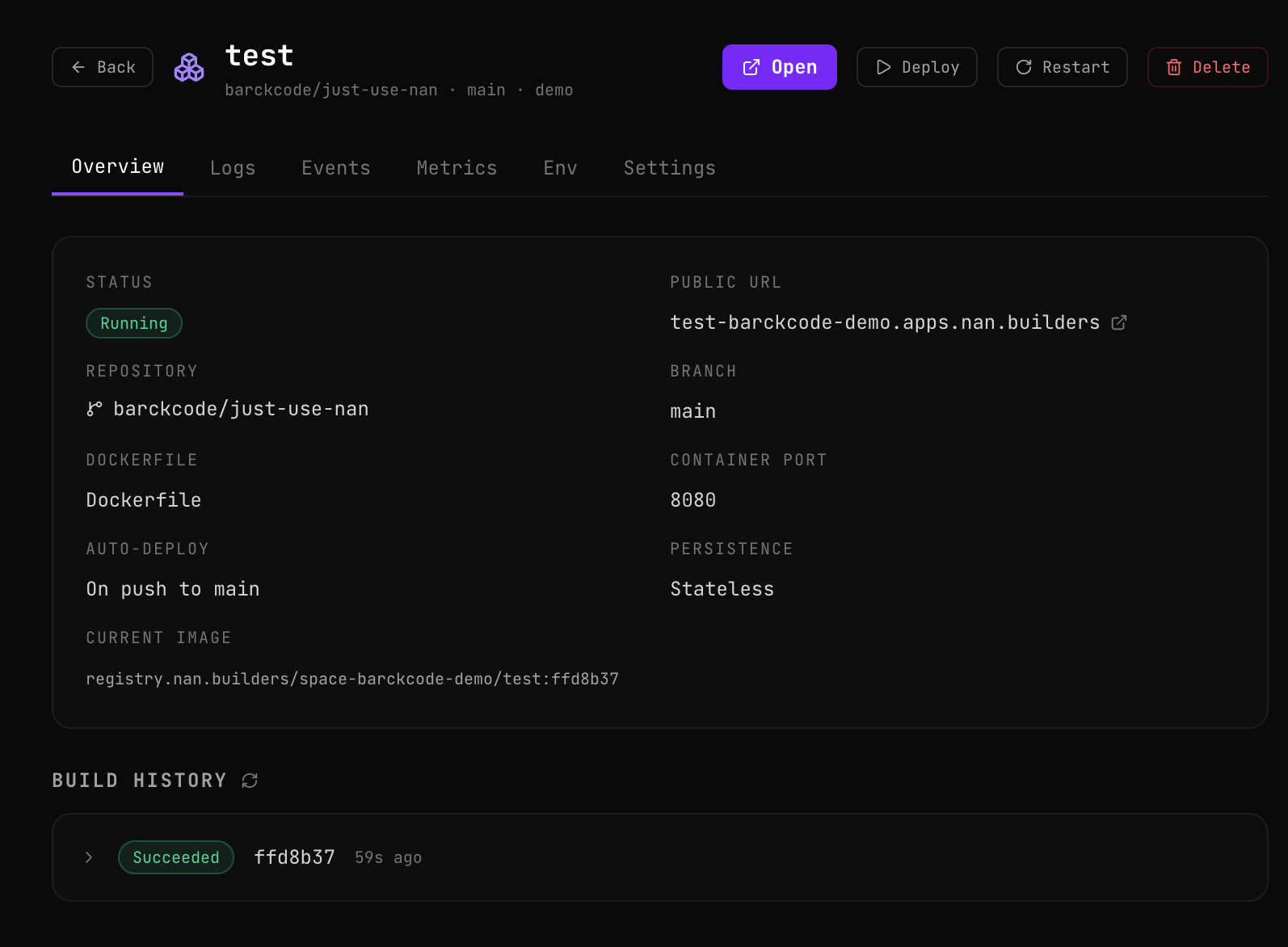 App in Running state with Open button